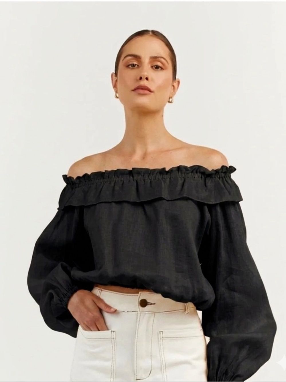 New Diish Australian Iggy Black Off The Shoulder Frill Top Long Sleeve Sheer 2